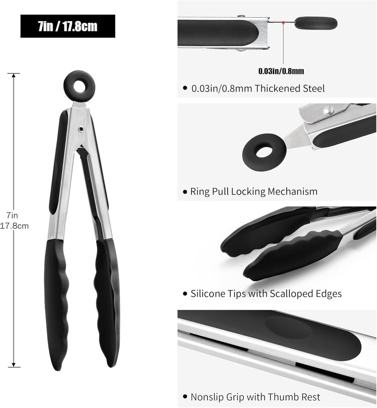 Doosu Kitchen Tongs for Cooking - 600°F Heat Resistant Food Tong with Non-Scratch Silicone Tips, Heavy Duty Stainless Steel Locking Tong for BBQ, Grilling Steak, Serving Salad, Pasta (7in, Black)