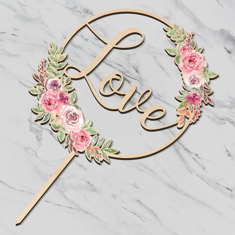 Love Wedding Cake Topper Floral Wedding Engagement Cake Decoration in Wood (Design 01)