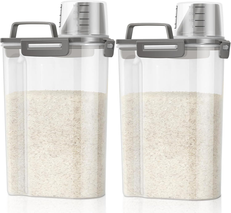TBMax Rice Container Cereal Storage Container 2 Pack 5 Lbs, Kitchen Pantry Dry Food Storage Holder with Easy-Pouring Spout & Handy Cup, Small Pet Dog Cat Food Dispenser for Daily Feeding -Grey
