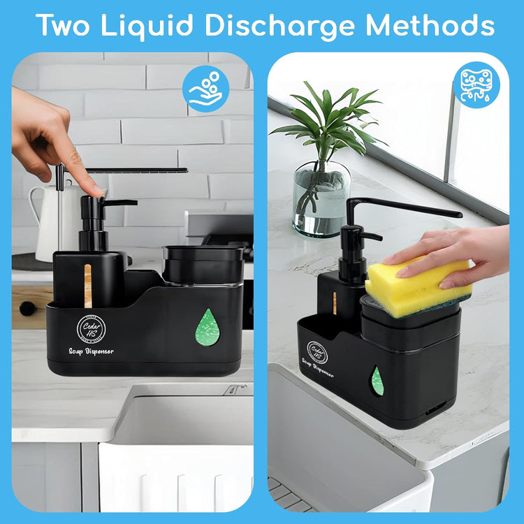 Kitchen Hand and Dish Soap Dispenser Set (Black) – Dual Pump Bottles with Sponge Caddy, Brush Holder, Towel Bar & Drain Rack – Space-Saving Countertop Organizer for Sink & Bathroom