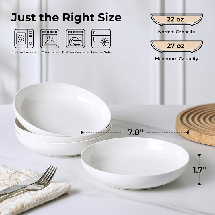 Y YHY Pasta Bowls, 27 Ounces Salad Bowls, Ceramic Serving Bowl Set of 4, 7.8 Inch Porcelain Pastes for Serving Dinner and Salad,Wide and Shallow Bowls Set, Microwave and Dishwasher Safe, White