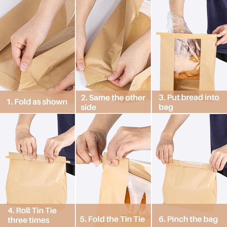 24 Bread Bags with Reusable Ties - Homemade Sourdough Bread Storage Bags Brown Paper Bagel Loaf Bakery Bags with Window Toast Bags with Resealable Ties Disposable Baked Goods Sale Packaging