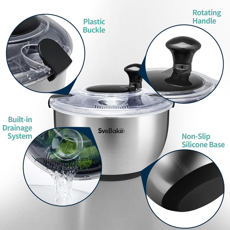 Stainless Steel Salad Spinner, 4.2 Qt Vegetable Washer, BPA-Free Lettuce Dryer with Crank Design, Dishwasher Safe, Non-Slip Base - Transparent Lid