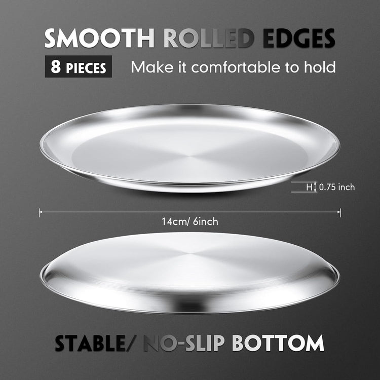 Thenshop 8 Pieces 6 Inch Pizza Pans Bulk Stainless Steel Sets Round Bakeware Pizza Trays for Oven Kitchen Baking Home Restaurant Safe Sturdy Reusable Easy Clean (Matte Silver)