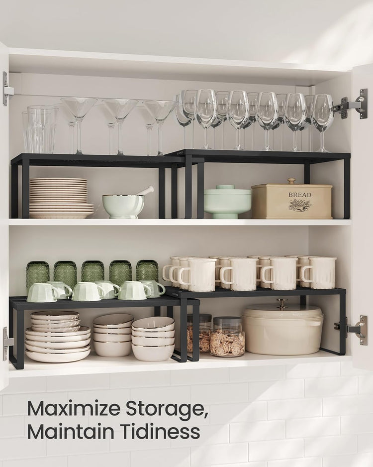 SONGMICS Spice Racks, Set of 2 Metal Cabinet Shelf Organizers, Countertop Organizers, Shelf Risers, Stackable, Expandable, Ink Black UKCS401B01