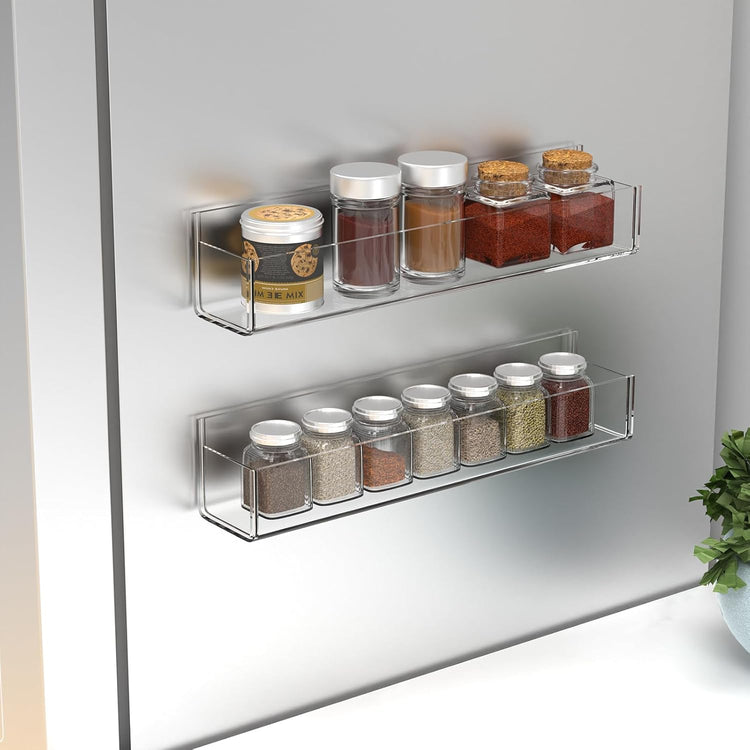 WUIVIUT Invisible Acrylic Wall Spice Rack Adhesive wall mounted rack organizer 11.8 inch spice shelf holder Drilling or self-adhesive organizer rack (Clear-4 Pack)