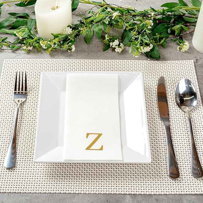 Luxenap 15.8 X 7.9 Inch Linen-Feel Guest Towels, 50 Lettered Hand Towels - Gold Letter 'Z', Sans Serif Font, White Paper Dinner Napkins, airlaid, For Restrooms And Tables - Restaurantware