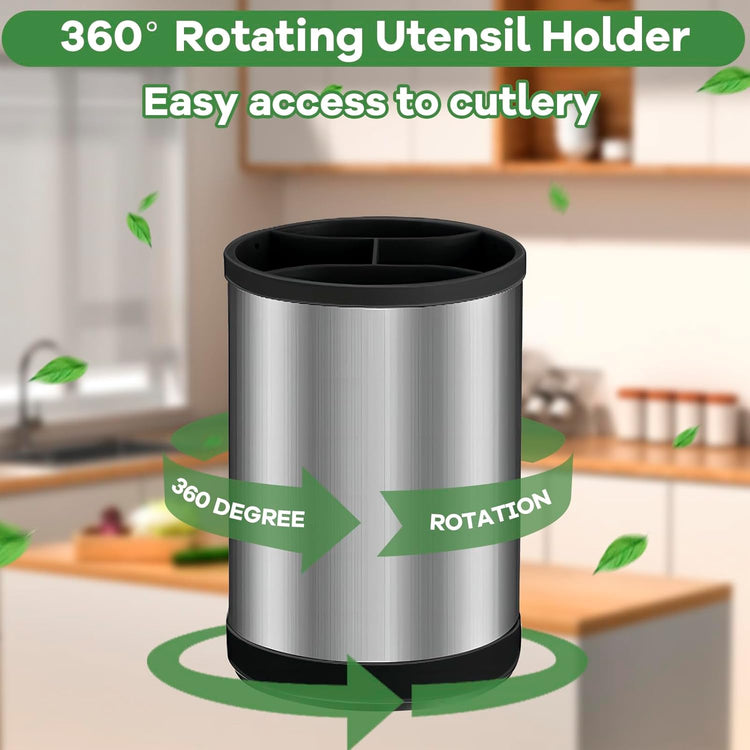 Kitchen Utensil Holder for Countertop, 360°Rotating Cooking Utensil Crocks,4 Compartment Stainless Steel Utensil Holder,6.7”Large Utensil Crock Spoon Fork Knife Holder For Kitchen Counter (khaki)
