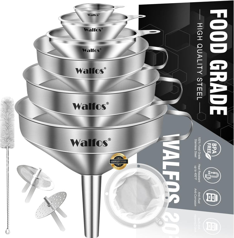 Stainless Steel Funnel, Walfos 6 Different Sizes of Kitchen funnels with 2 Removable Strainer & 1Pcs Cleaning Brush, 200 Mesh Food Filter Strainer,for Transferring of Liquid, Oils, Jam, Powder