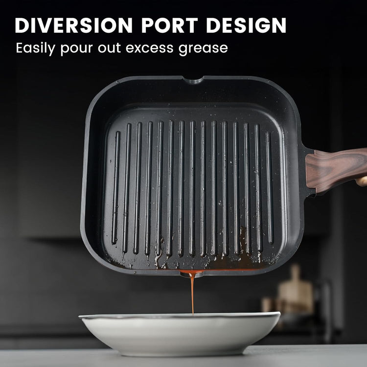 Kikcoin Nonstick Grill Pan for Indoor Cooking,9.5 Inch Versatile Griddle for Stove Tops Steak Pan with Pour Spouts