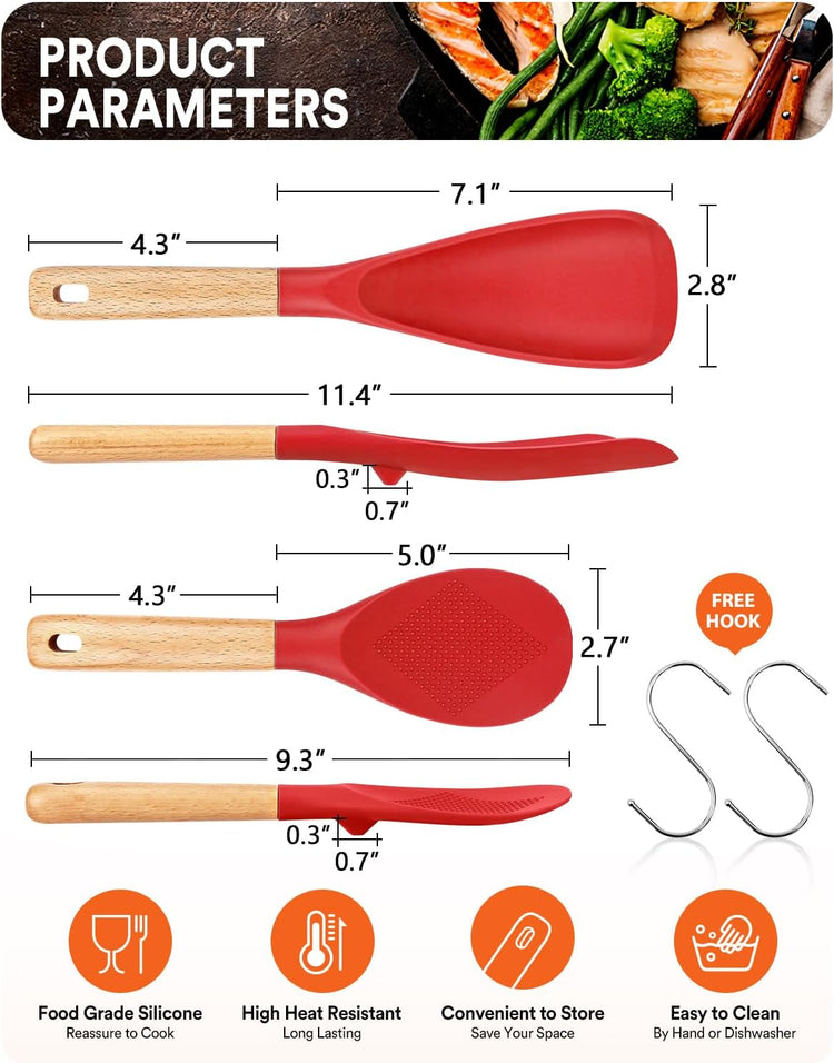 Cooking Spoon and Rice Scooper for Nonstick Cookwares, Great for Cooking and Serving Sturdy BPA-Free Matte Silicone, Wood Handle Spoon for Mixing, Scoop, and Scrape (RED) - Nestoria