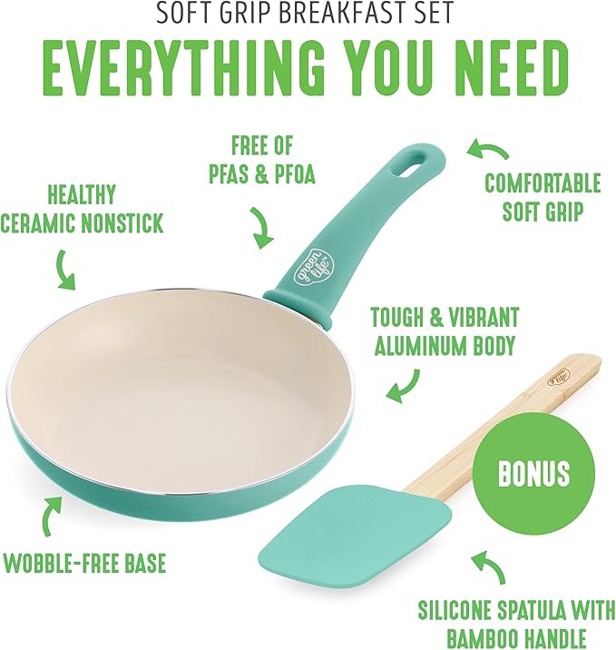 GreenLife Soft Grip 8” Frypan Skillet and Spatula Breakfast Cookware Set, PFAS-Free Ceramic Nonstick, Silicon Spatula with Bamboo Handle, Egg Omelette, Dishwasher Safe, Stay-Cool Handles, Turquoise