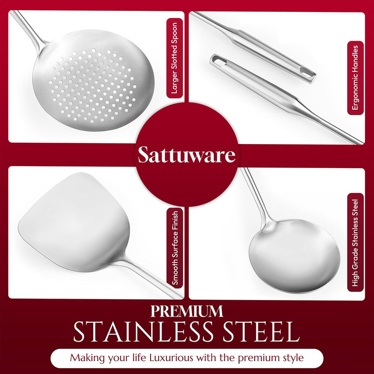 6 Pc Stainless Steel Cooking Utensils Set with Ergonomic Handles – Heat Resistant Kitchen Tools Includes Slotted Spatula, Skimmer Ladle, Spatula, Serving Spoon, Pasta Spoon Ideal for Cooking