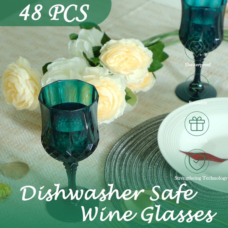 Plastic Wine Glasses,Plastic Goblets Vintage Style Cordial Drinking Glasses for Wedding Reception, Grand Event Party Supplies (48, Green)