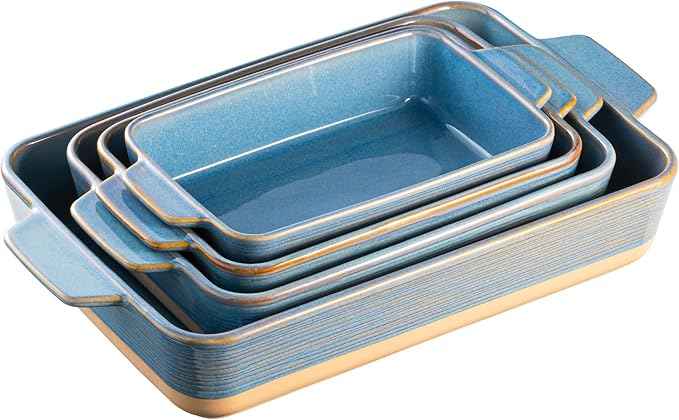 Casserole Dishes for Oven, Baking Dishes, Ceramic Bakeware Sets of 4, Rectangular Baking Pan Set with Handles for Baking, Casserole, Kitchen, Wedding Gift (Blue Yellow)