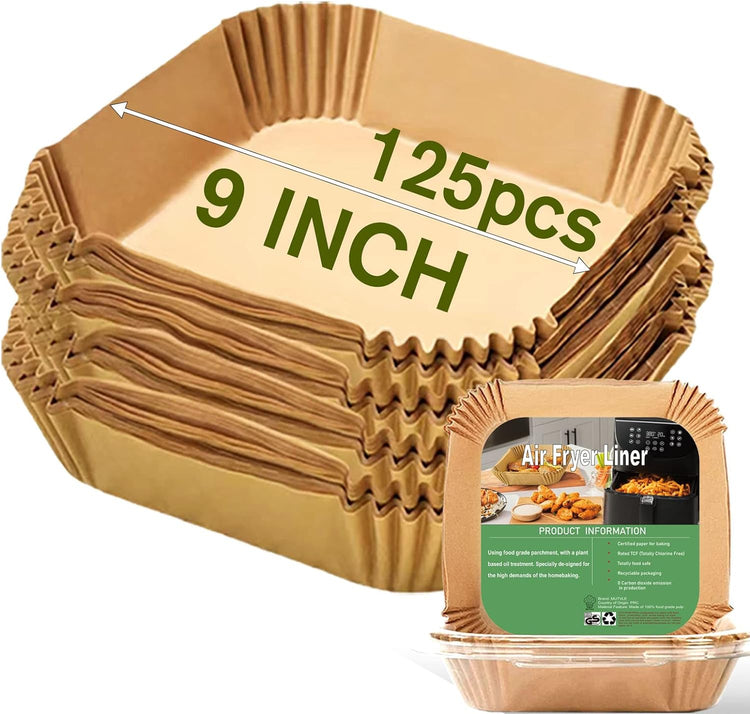 Large Air Fryer Disposable Paper Liners Square 9 Inch, 125 Pcs Parchment paper liner for 5-8QT Air fryer, Oil-proof, Water-proof, Parchment Baking Paper for Baking Roasting Microwave
