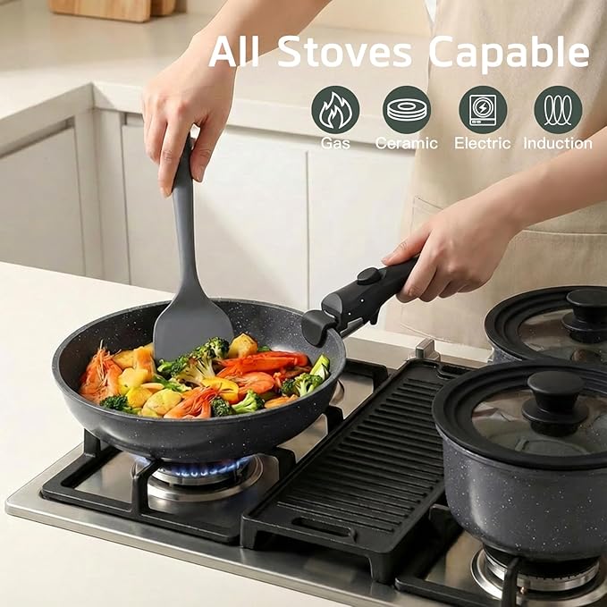 GiPP Ceramic Pots and Pans Set Non Stick, Nonstick Detachable Handle Cookware Sets, Healthy Non Toxic PFAS PFOA & PTFE Free, Dishwasher &Oven Safe, Induction Kitchen Pot and Pan, 17 Piece Gray