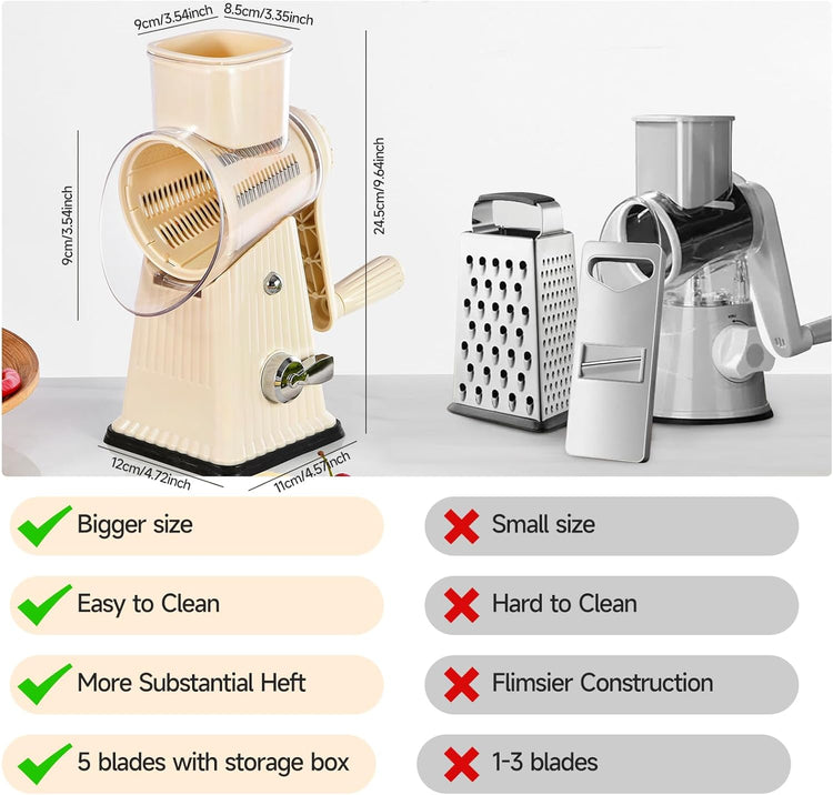 Xilrvna Rotary Cheese Grater, Vegetable Shredder 5 in 1 Cheese Grater with Handle edder Reinforced Suction,Easy to Clean,Kitchen Chopper for Crushed Ice,Fruits and Nuts with Blade Storage Case(white)