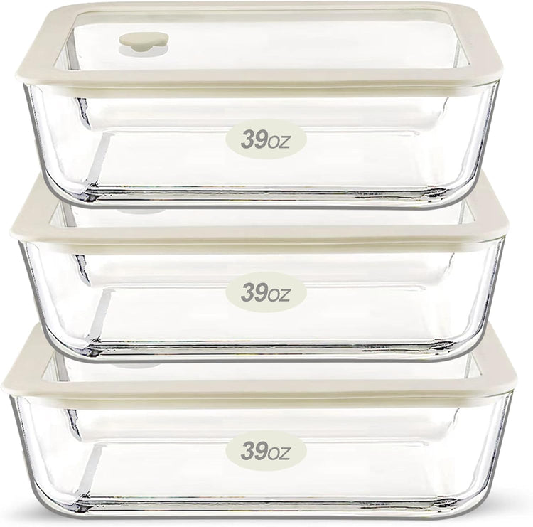 Urban Green Glass Food Container Set with Glass Lid, 3 Pack, Food Storage Containers Set, Airtight, LeakProof, 100% Plastic Free, Meal Prep Containers (White Color)