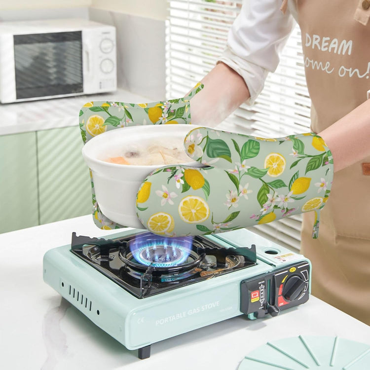 Lemon Oven Mitts Pot Holders Set Silicone Lemon Paper Yellow Citrus Fruit Lemons Kitchen Oven Mitts Heat Resistant Potholders Non-Slip 4pcs Hot Pads and Oven Gloves Sets for Baking,Grilling