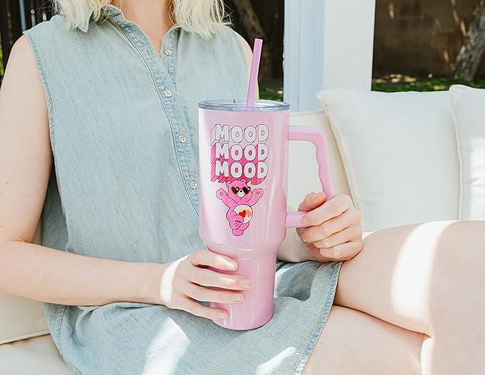 Silver Buffalo Care Bears “Mood” Double Walled Stainless Steel Tumbler with Handle Featuring Love-A-Lot Bear, Fits in Standard Cup Holder, 40 Ounces