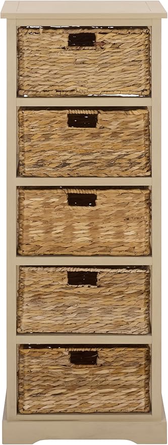 SAFAVIEH Home Collection – Vedette Sand 5-Basket Storage Tower, Natural Rattan Accent Design, Fully Assembled (AMH5739G)