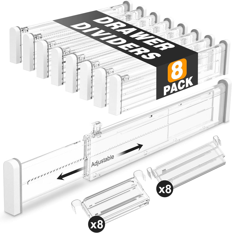 HiYZ Expandable Drawer Dividers with Inserts - 2.36'' High Adjustable Drawer Organizers Separators for Kitchen, Bedroom, Dresser, Office, 8 Long Dividers(12.6-22.8'') with 16 Inserts(3.9-7.1'')-Clear