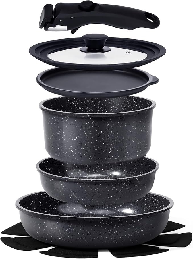 GiPP Ceramic Non Stick Pots and Pans Set,Nonstick Detachable Handle Cookware Sets,Healthy Non Toxic PFAS PFOA & PTFE Free, Dishwasher &Oven Safe, Induction Kitchen Pot and Pan, 8 Piece Grey