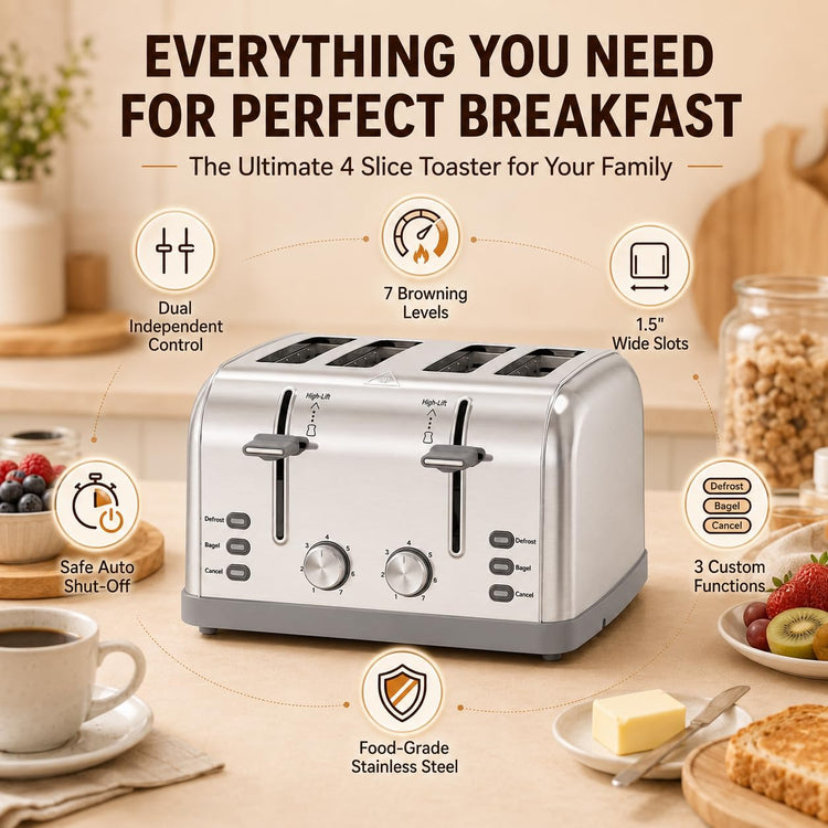 Toaster 4 Slice Retro Stainless Steel