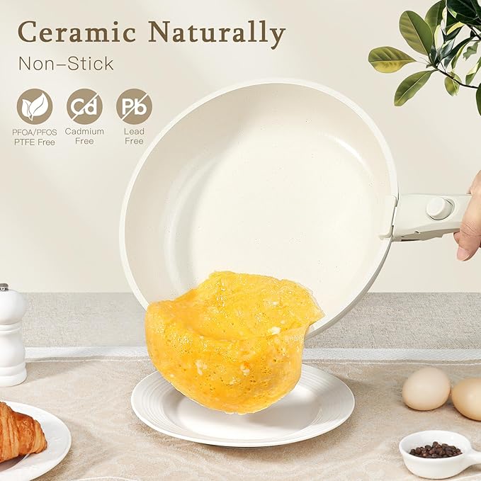 GiPP Ceramic Pots and Pans Set Non Stick, Nonstick Detachable Handle Cookware Sets, Healthy Non Toxic PFAS PFOA & PTFE Free, Dishwasher &Oven Safe, Induction Kitchen Pot and Pan, 8 Piece Cream