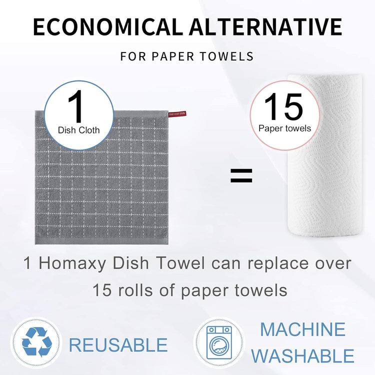 Homaxy 100% Cotton Terry Kitchen Dish Cloths, Ultra Soft and Absorbent Dish Towels for Kitchen, Suitable for Drying and Washing Dishes, 12 Pack, 12 x 12 Inches, Grey