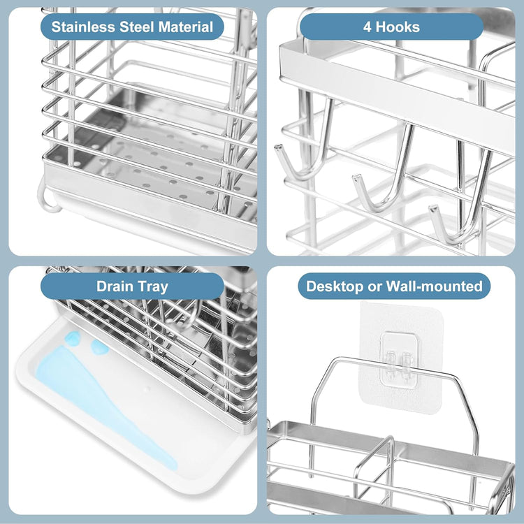 Utensil Holder, Stainless Steel Utensil Drying Rack with Drain Tray, Kitchen Counter Drainer Basket Silverware Cutlery Flatware Holder Forks, Knives, Spoons, Chopsticks Organizer (Silver)