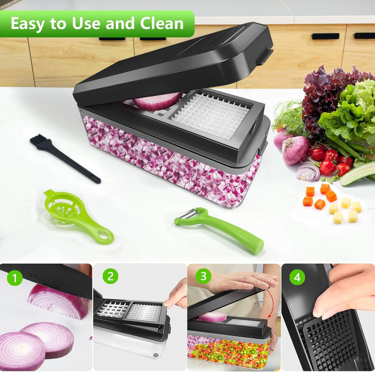 Vegetable Chopper, Onion Chopper Dicer, Mandoline Slicer, Food Chopper with Container, Vegetable Cutter for Salad Potato Carrot Garlic(2 Blades, Black)