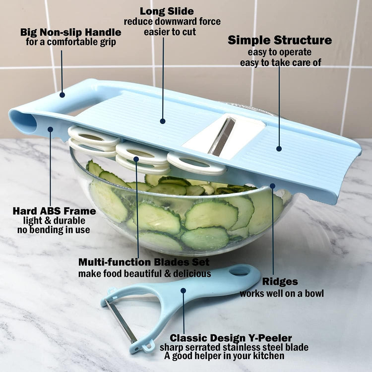 5 in 1 Mandoline Slicer for Kitchen, Vegetable Slicer Multi Blade Potato Chip, Veggie shredder, Vegetable Cutter, Julienne Shredder and peeler For Small Job In Kitchen Blue