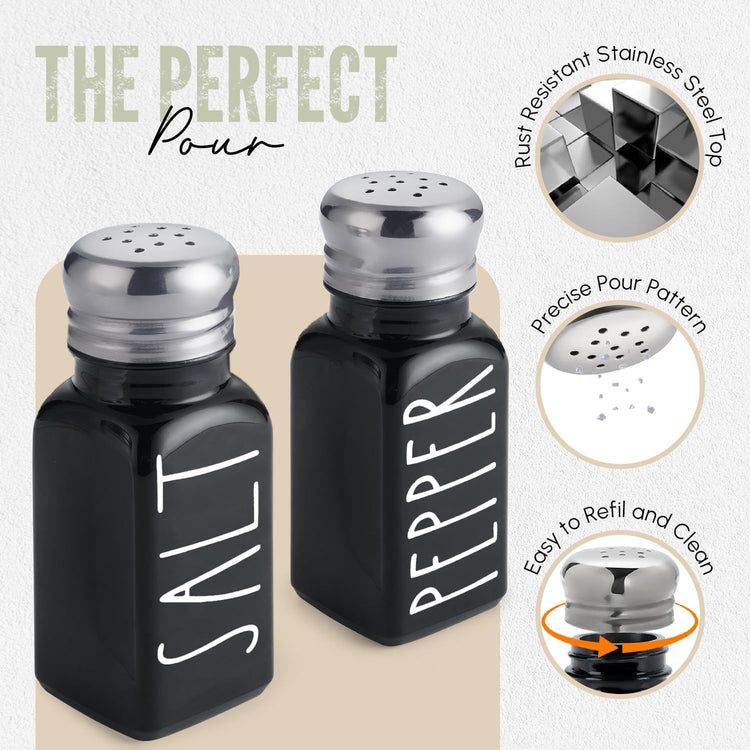 Black Salt and Pepper Shakers Set by Brighter Barns - Cute Kitchen Decor - Gothic or Halloween Kitchen Decor - Glass Shaker with Stainless Steel Lid for Home, Restaurant, Gifts (Black)