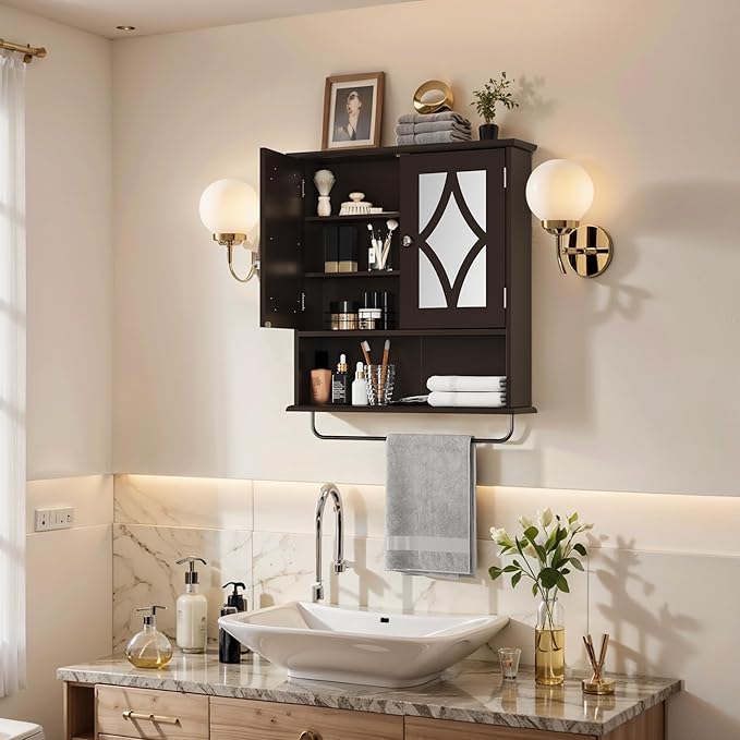 RoyalCraft 22x25 Bathroom Medicine Cabinet with Mirror, Large Wood Wall Mounted Storage Cabinet with Shelves and Towel Bar, Over The Toilet Storage Cabinet for Bathroom, Laundry, Living Room, Brown