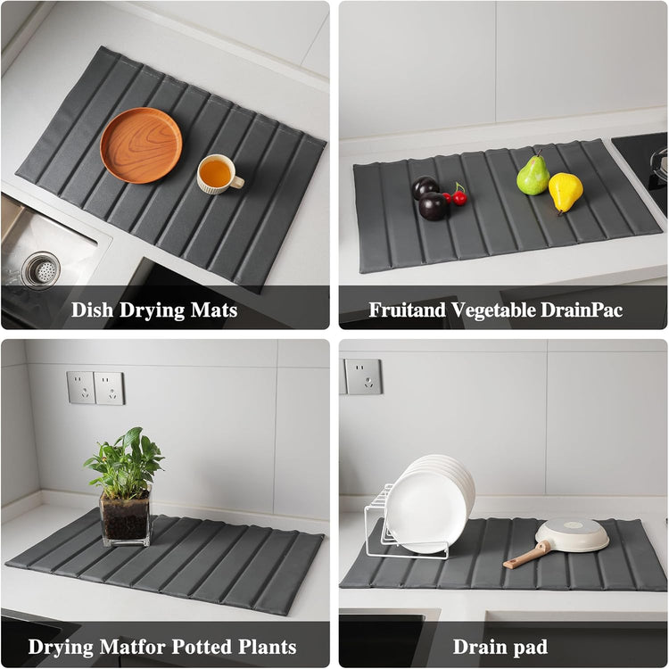 Stone Drying Mat for Kitchen Counter, Large Collapsible Diatomaceous Earth Supe Absorbent Quick Dry Stone Mat Kitchen,PU Leather Surface Removable and washable (Dark Gray, 23.6”x15.4”)