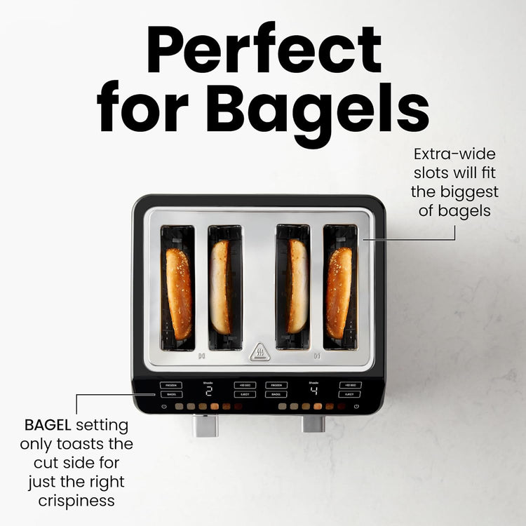 Chefman Smart Touch 4 Slice Digital Toaster, 6 Shade Settings, Touchscreen Bagel Toaster 4 Slice with Extra-Wide Slots, +10 Seconds, Defrost, Removable Crumb Tray – Stainless Steel