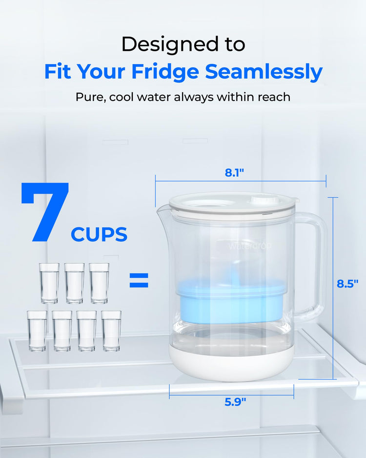 PT-72C-A Glass Alkaline Water Filter Pitcher, 7-Cup, Blue