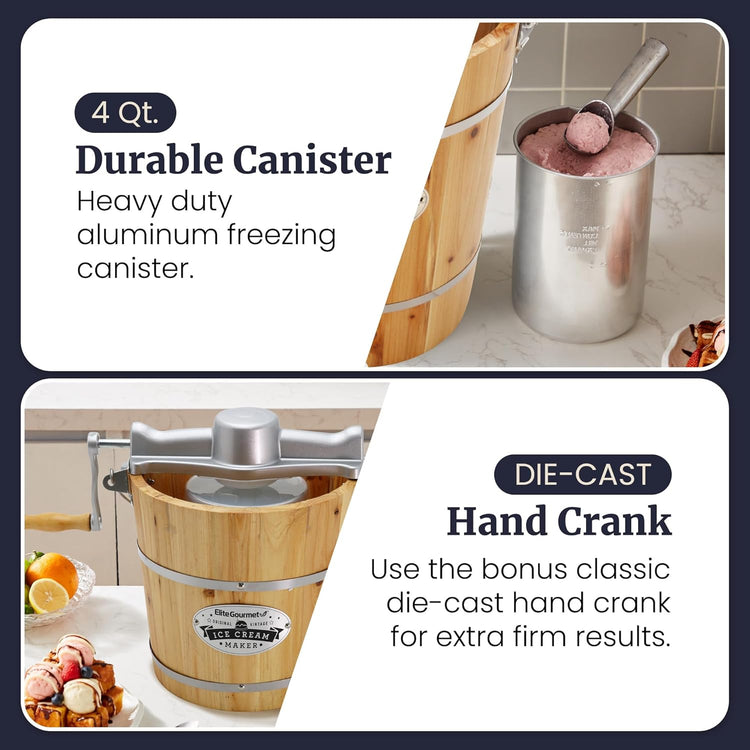 Elite Gourmet EIM402 Old Fashioned 4 Quart Vintage Wood Bucket Electric Ice Cream Maker Machine, Bonus Classic Die-Cast Hand Crank for Churning, Uses Ice and Rock Salt Churns Ice Cream in Minutes
