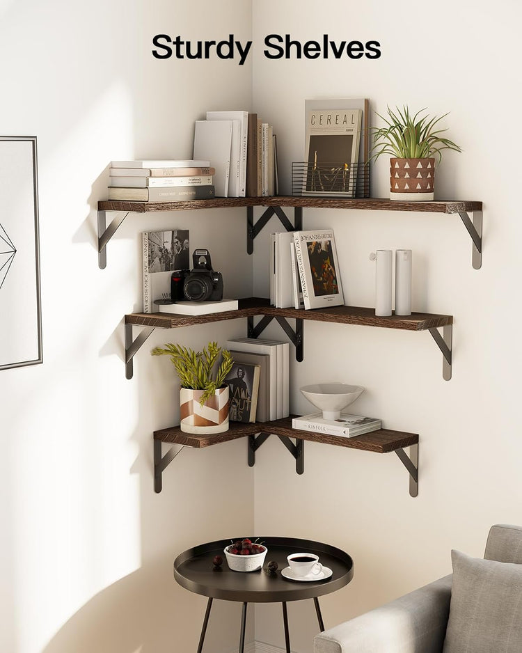 AMADA HOMEFURNISHING Wall Shelves Set of 6, Rustic Farmhouse Floating Shelves for Bedroom, Bathroom & Living Room, Brown Wood