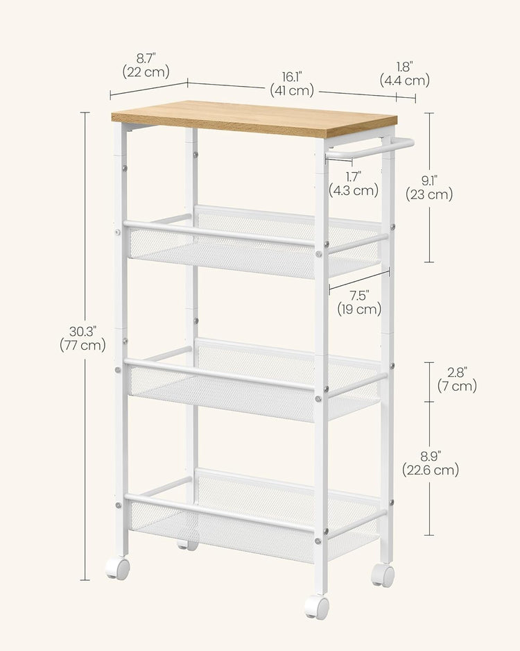 VASAGLE Slim Rolling Cart, 4-Tier Storage Cart, Narrow Cart with Handle, 8.7 Inches Deep, Metal Frame, for Kitchen, Dining Room, Living Room, Home Office, Oak Beige and Classic White ULRC033W09