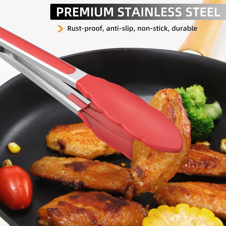 NileHome Tongs for Cooking, Professional Stainless Steel Cooking Tongs – Heat-Resistant for Grilling, BBQ, Serving Salad, Pasta, and Kitchen Use, Dishwasher Safe, Set of 7" 9" 12", Red