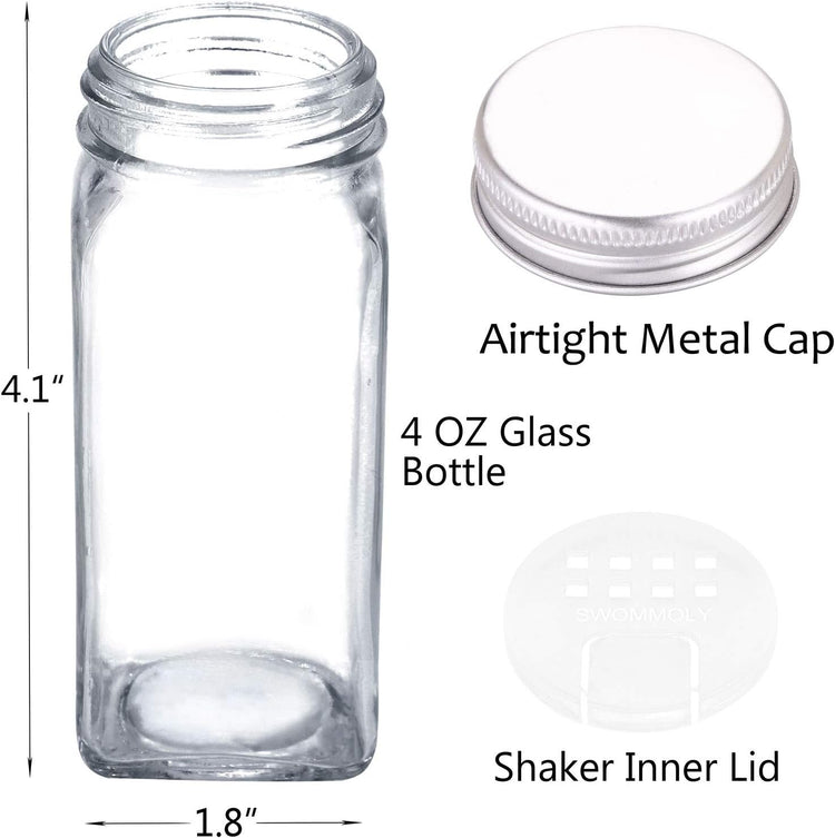 SWOMMOLY Spice Rack Organizer with 36 Empty Square Spice Jars, 396 Spice Labels with Chalk Marker and Funnel Complete Set, for Countertop, Cabinet or Wall Mount, Black