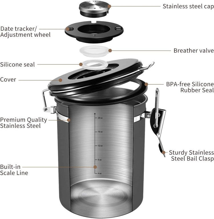 Veken Coffee Canister with Window,Airtight Stainless Steel Kitchen Food Storage Container, Date Tracker & Scoop for Grounds Coffee, Beans, Tea, Flour, Cereal,Sugar,22OZ,Grey