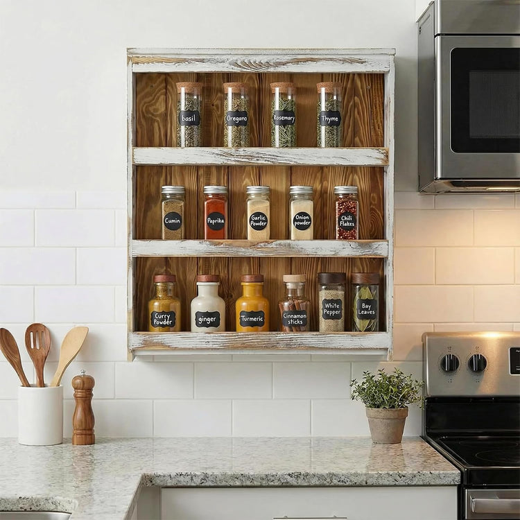 3 Tier Spice Rack Wall Mount Rustic Wood Kitchen Shelf