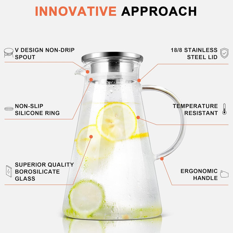 SUSTEAS 2.0 Liter 68oz Glass Pitcher with Lid, Easy Clean Heat Resistant Glass Water Carafe with Handle for Hot/Cold Beverages - Water, Cold Brew, Iced Tea & Juice, With 1 Long-Handled Brush Included