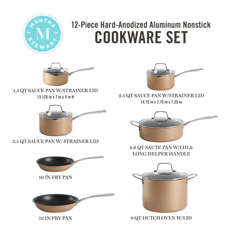 12 Piece Heavy Gauge Aluminum Hard Anodized Premium Nonstick Cookware Set