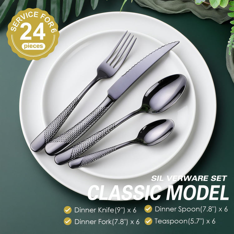 Hammered Black Silverware Set (24 Count)