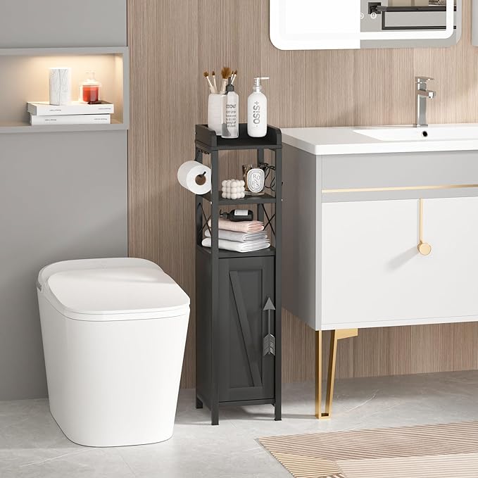 VECELO Small Bathroom Cabinet,Slim Toilet Paper Holders with Door,Metal Rack & 2 Shelves,Upgraded Narrow Storage Organizer for Restroom Bathroom Tiny Space,Fenced Top Waterproof Coating,Black